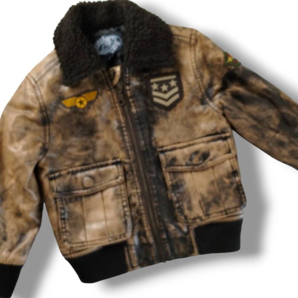 First Wave Childs Brown Flight Jacket Zip Front Pockets 2/3 T